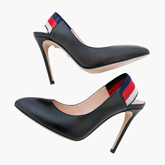 Gucci Sylvie Web Stripe Slingback Pumps EU 37 US 7 Black Pointed Toe High Heels - Picture 9 of 14